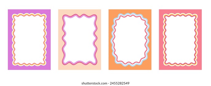 Set of Retro FRAMES WITH DOODLE orange, RED, PINK curvy squiggly wavy. Wave scalloped edge frame. Cute curved frame box. Trendy vector template for greeting card, poster, invitation, social media	