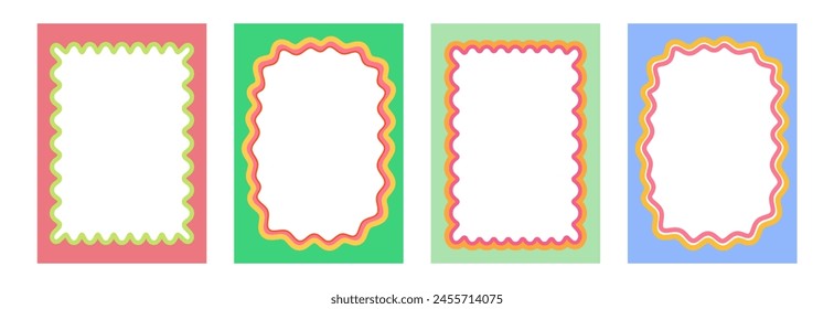 Set of Retro FRAMES WITH DOODLE orange, RED, PINK curvy squiggly wavy. Wave scalloped edge frame. Cute curved frame box. Trendy vector template for greeting card, poster, invitation, social media	