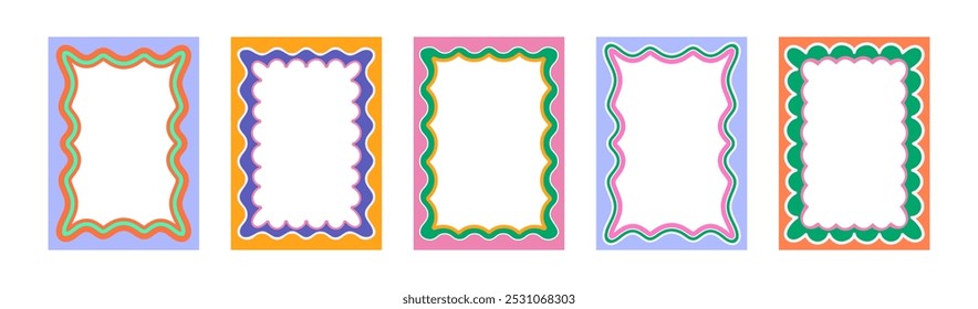 Set of Retro FRAMES WITH DOODLE orange, RED, PINK curvy squiggly wavy. Wave scalloped edge frame. Cute curved frame box. Trendy vector template for greeting card, poster, invitation, social media