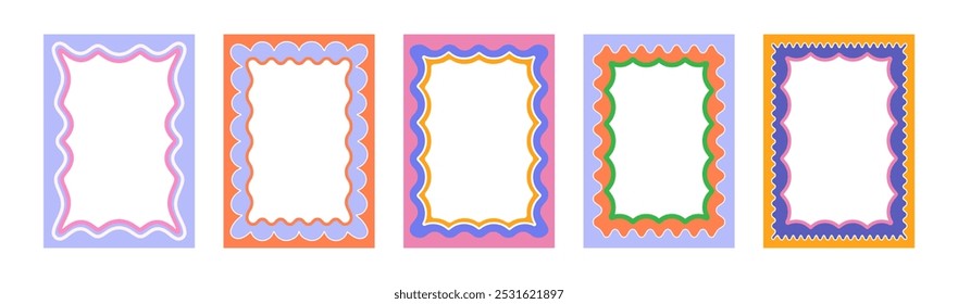 Conjunto de quadros retrô com doodle laranja, vermelho, rosa curvo ondulado. Quadro de borda recortado de onda. Caixa de moldura curvada bonita. Modelo vetor moderno para cartão de saudação, cartaz, convite, mídias sociais