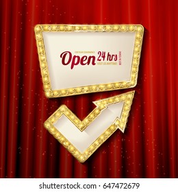 set of retro frames with glowing lamps. Collection of banners with shining lights in vintage style isolated on red background. Vector illustration.