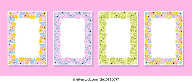 Set of retro frames with Matisse style flowers. Groovy frame elements. Clipart Pack for Posters, Cards, Branding. Vector