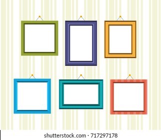 Set of retro frames for reward and photos in different colors and textures, hanging on the wall. Vector illustration isolated.