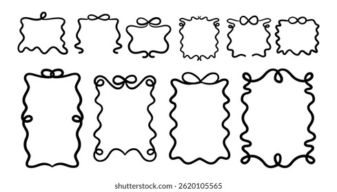 set of retro frames with ribbons fancy frames for greeting card, squiggly and wavy borders. Minimalist line art