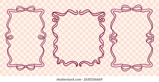  set of retro frames with ribbons fancy frames for greeting card, squiggly and wavy borders. Minimalist line art
