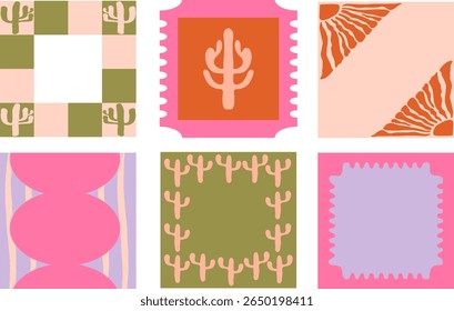 Set van retro frames of stickers met cactus. Westerse vierkante sjablonen in minimalisme