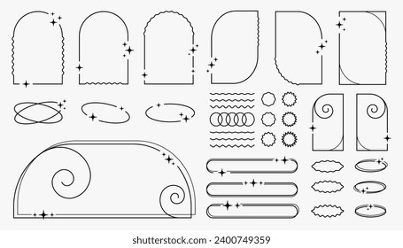 Set of retro frames, vintage archs with blink and stars, empty spaces, decorations in Y2K aesthetic. Vector illustration.