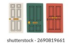 Set of retro front doors. Colored vintage entrance doors. Hand drawn vector illustration isolated on a white background