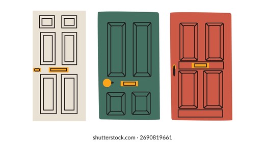 Conjunto de puertas delanteras retro. Puertas de entrada vintage de colores. Ilustración vectorial dibujada a mano aislada sobre un fondo blanco