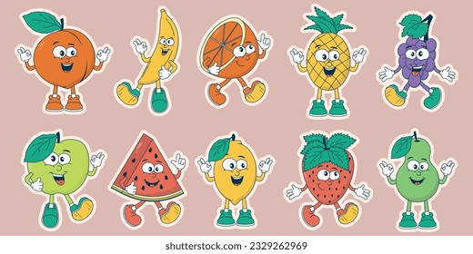 A set of retro fruit characters in cartoon style. A comic mascot. Groovy summer vector illustration. Juicy sticker with watermelon, apple, pear, strawberry, grape, banana, lemon, pineapple.