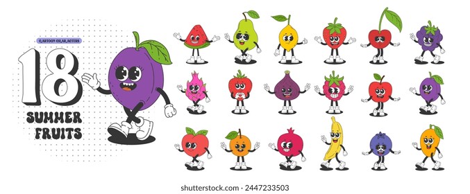 Set of retro fruit characters. Pineapple, strawberry, banana, blueberry, plum cherry, watermelon, apricot, pomegranate, fig, blueberry, pear, apple, lemon, raspberry, peach, mango. Vector illustration