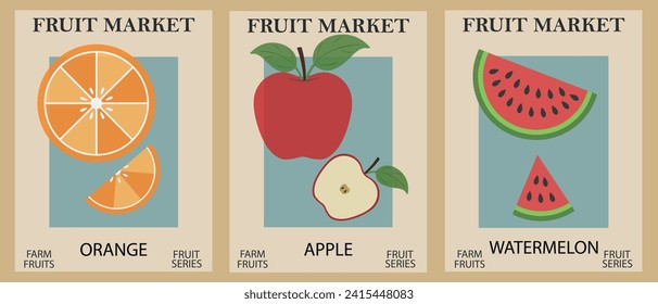 Set of retro fruit market posters. Vector trendy modern wall art with fruits. Abstract design in Danish pastel colors. Modern interior decorations, wall paintings.