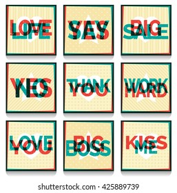 A set of retro fun overprint multilayered anaglyph effect cards with conceptual text and symbols. Offset print effect typography on a grungy aged background.