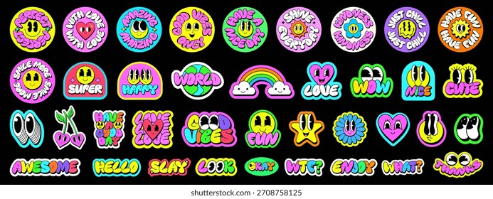 Conjunto De Pegatinas Funky Retro. Colección De Personajes Graciosos Y Graciosos. Y2k Insignias Pop Diseño de Vector de Arte. Caras de dibujos animados de moda