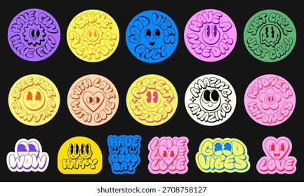 Set Of Retro Funky Stickers. Collection Of Groovy Funny Characters. Y2k Badges Pop Art Vector Design. Cool Trendy Cartoon Faces