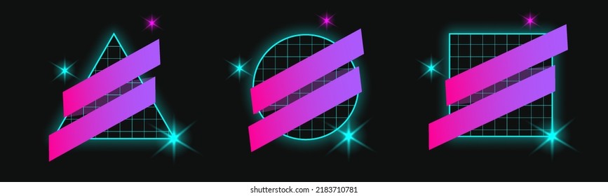 Set of retro futurism shapes, flyer geometric elements. Holographic backlighting in the 80s - 90s. Futuristic vaporwave design. Fashionable forms for merch and t-shirts. Vector set of glitch elements.