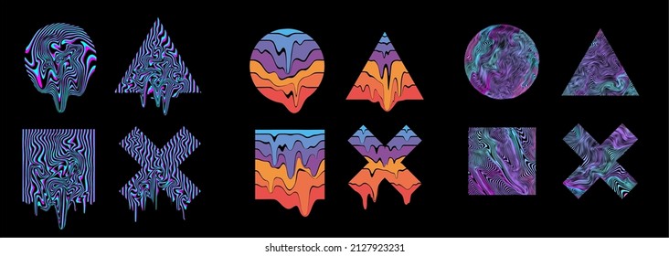 Set of retro futurism shapes, geometric fluid elements. Holographic backlighting in the 80s - 90s. Futuristic vaporwave design. Fashionable forms for merch and t-shirts. Vector set of glitch elements.