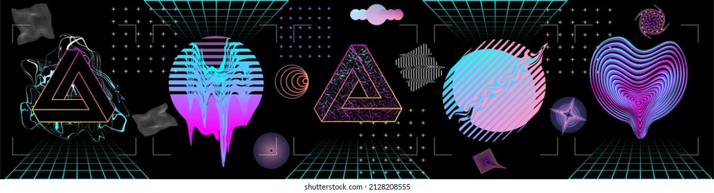 Set of retro futurism shapes, geometric fluid elements. Holographic backlighting in the 80s - 90s. Futuristic vaporwave design. Fashionable forms for merch and t-shirts. Vector set of glitch elements.