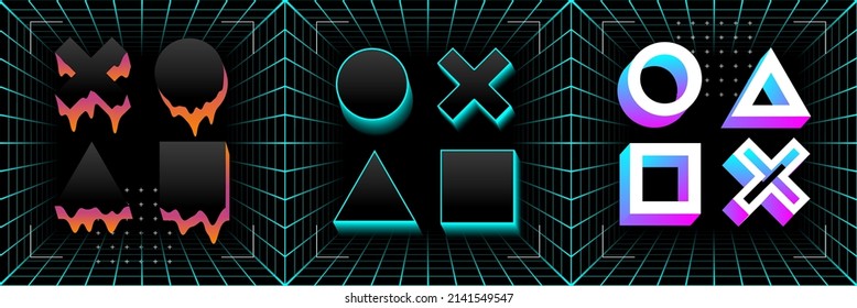 Set of retro futurism shapes, geometric fluid elements. Holographic backlighting in the 80s - 90s. Futuristic vaporwave design. Fashionable forms for merch and t-shirts. Vector set of glitch elements.