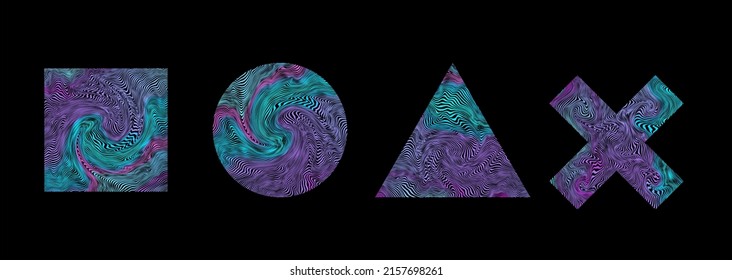 Set of retro futurism shapes, geometric fluid elements. Holographic backlighting in the 80s - 90s. Futuristic vaporwave design. Fashionable forms for merch and t-shirts. Vector set of glitch elements.