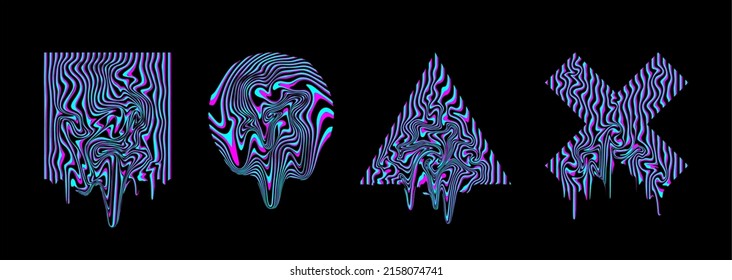 Set of retro futurism shapes, geometric fluid elements. Holographic backlighting in the 80s - 90s. Futuristic vaporwave design. Fashionable forms for merch and t-shirts. Vector set of glitch elements.