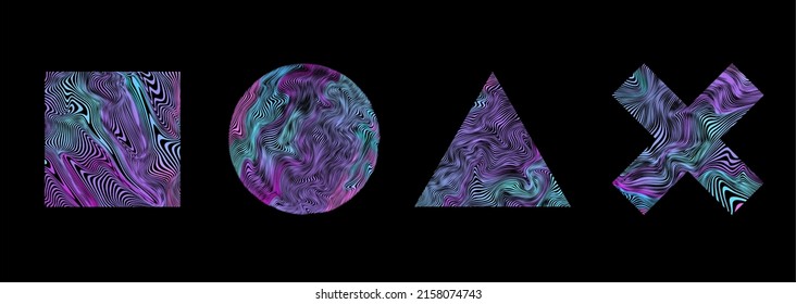 Set of retro futurism shapes, geometric fluid elements. Holographic backlighting in the 80s - 90s. Futuristic vaporwave design. Fashionable forms for merch and t-shirts. Vector set of glitch elements.