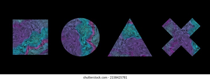 Set of retro futurism shapes, geometric fluid elements. Holographic backlighting in the 80s - 90s. Futuristic vaporwave design. Fashionable forms for merch and t-shirts. Vector set of glitch elements.