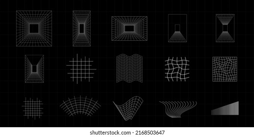 Conjunto de elementos de diseño retro futurista. Rejilla líquida distorsionada, visualización de la gravedad, líneas onduladas al estilo de los ochenta del ciberpunk.