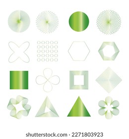 Conjunto de elementos de diseño retro futurista. Colección de cuadrículas, cubos, perspectivas, formas rayadas, elementos circulares, cuadrículas polares, triángulos. Ilustración vectorial. Gradiente verde