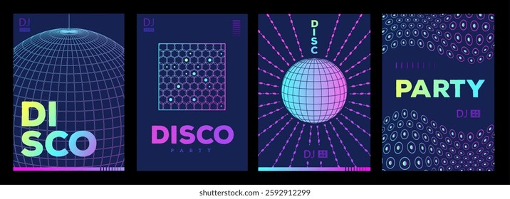 Set of retro futuristic disco party posters, covers or banners with disco ball. Fluorescent disco background. Flat design. Vector illustration