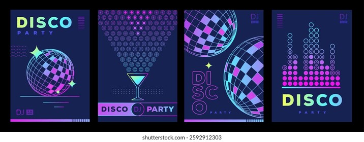 Set of retro futuristic disco party posters, covers or banners with disco ball. Fluorescent disco background. Flat design. Vector illustration