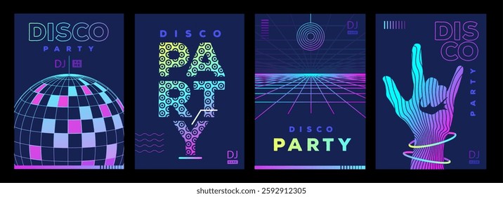 Set of retro futuristic disco party posters, covers or banners with disco ball. Fluorescent disco background. Flat design. Vector illustration