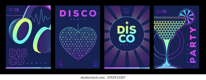 Set of retro futuristic disco party posters, covers or banners with disco ball. Fluorescent disco background. Flat design. Vector illustration