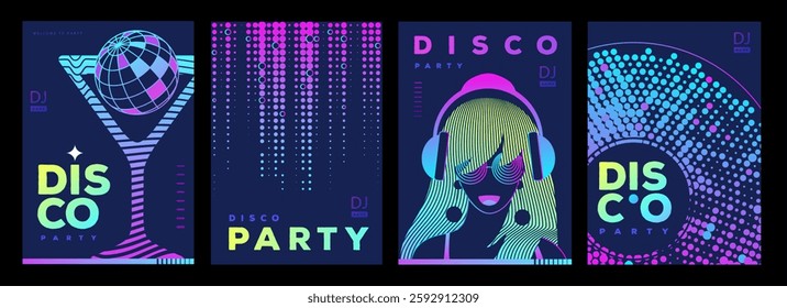 Set of retro futuristic disco party posters, covers or banners with disco ball. Fluorescent disco background. Flat design. Vector illustration