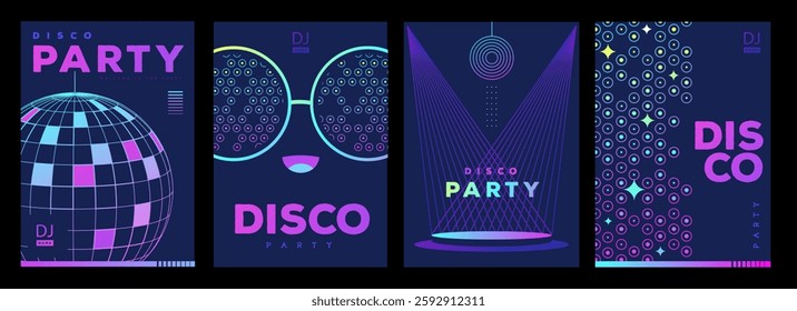 Set of retro futuristic disco party posters, covers or banners with disco ball. Fluorescent disco background. Flat design. Vector illustration