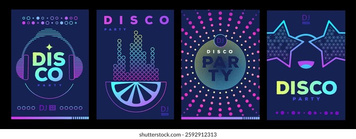 Set of retro futuristic disco party posters, covers or banners with disco ball. Fluorescent disco background. Flat design. Vector illustration