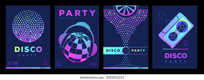 Set of retro futuristic disco party posters, covers or banners with disco ball. Fluorescent disco background. Flat design. Vector illustration