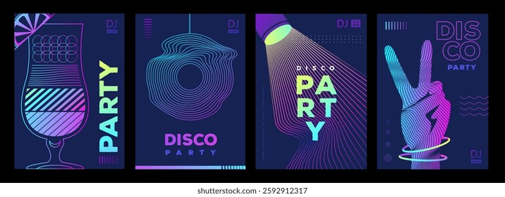 Set of retro futuristic disco party posters, covers or banners with disco ball. Fluorescent disco background. Flat design. Vector illustration