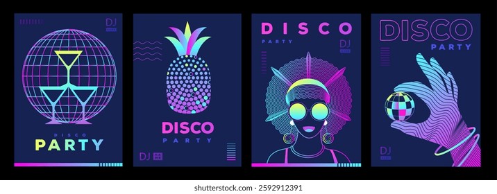 Set of retro futuristic disco party posters, covers or banners with disco ball. Fluorescent disco background. Flat design. Vector illustration