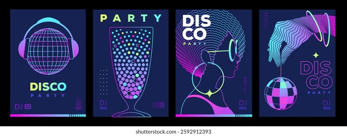 Set of retro futuristic disco party posters, covers or banners with disco ball. Fluorescent disco background. Flat design. Vector illustration