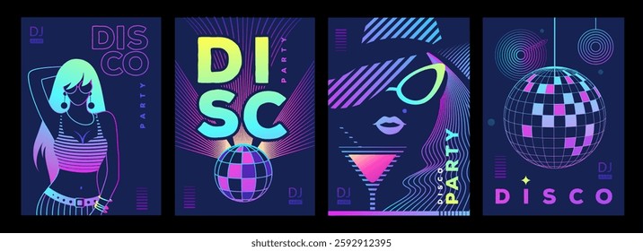 Set of retro futuristic disco party posters, covers or banners with disco ball. Fluorescent disco background. Flat design. Vector illustration