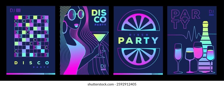 Set of retro futuristic disco party posters, covers or banners with disco ball. Fluorescent disco background. Flat design. Vector illustration