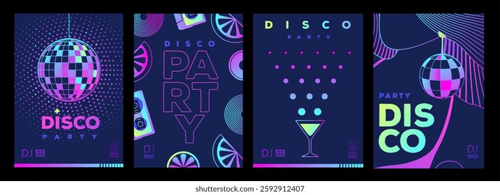 Set of retro futuristic disco party posters, covers or banners with disco ball. Fluorescent disco background. Flat design. Vector illustration