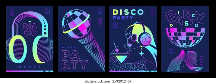 Set of retro futuristic disco party posters, covers or banners with disco ball. Fluorescent disco background. Flat design. Vector illustration