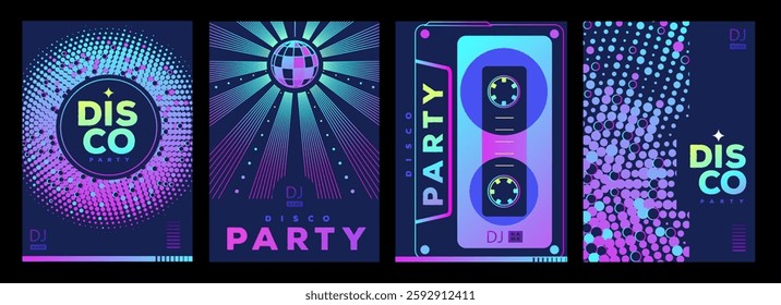 Set of retro futuristic disco party posters, covers or banners with disco ball. Fluorescent disco background. Flat design. Vector illustration