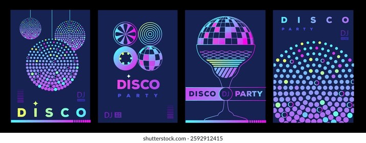 Set of retro futuristic disco party posters, covers or banners with disco ball. Fluorescent disco background. Flat design. Vector illustration