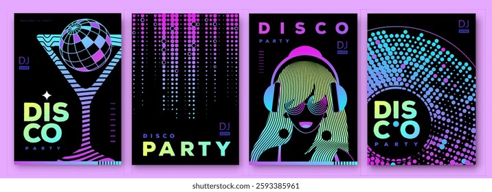 Set of retro futuristic disco party posters, covers or banners with disco ball. Fluorescent disco background. Flat design. Vector illustration