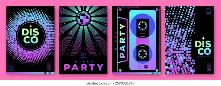 Set of retro futuristic disco party posters, covers or banners with disco ball. Fluorescent disco background. Flat design. Vector illustration