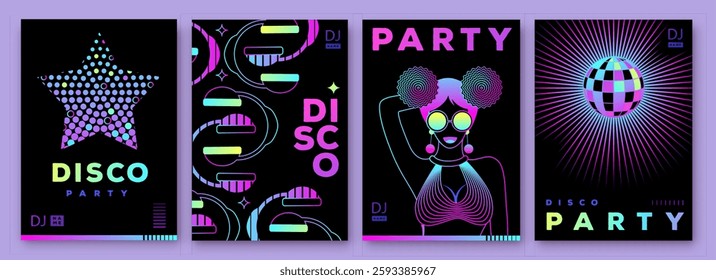 Set of retro futuristic disco party posters, covers or banners with disco ball. Fluorescent disco background. Flat design. Vector illustration