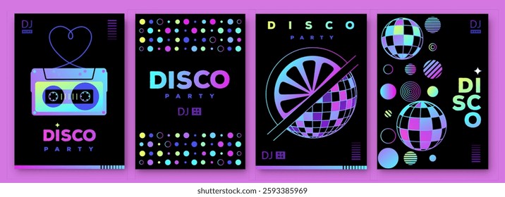 Set of retro futuristic disco party posters, covers or banners with disco ball. Fluorescent disco background. Flat design. Vector illustration